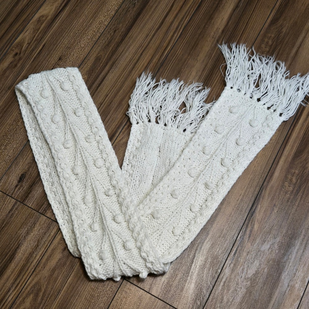 Cream Textured Knit Crochet Scarf with Bobble Accents and Fringe 80 in long